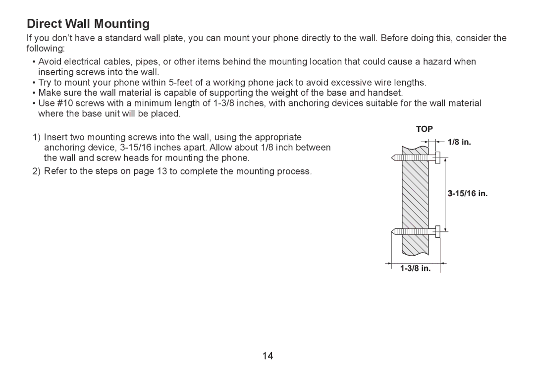 Uniden TRU9380-3 manual Direct Wall Mounting 