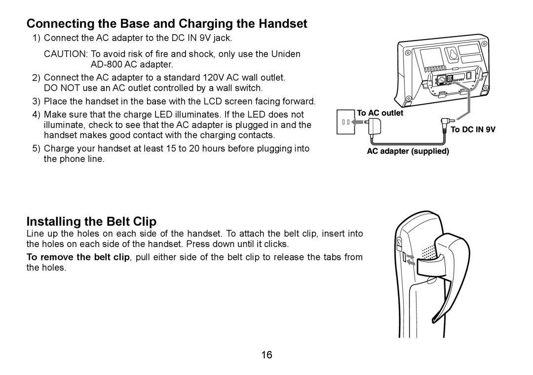 Uniden TRU9380-3 manual Connecting the Base and Charging the Handset, Installing the Belt Clip 