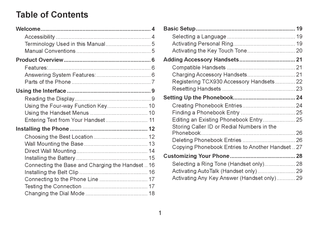 Uniden TRU9380-3 manual Table of Contents 