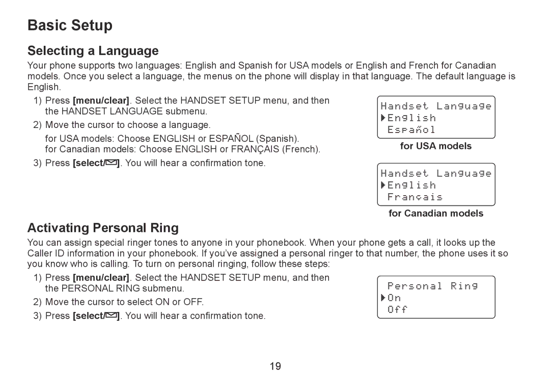 Uniden TRU9380-3 manual Basic Setup, Selecting a Language, Activating Personal Ring, For USA models, For Canadian models 