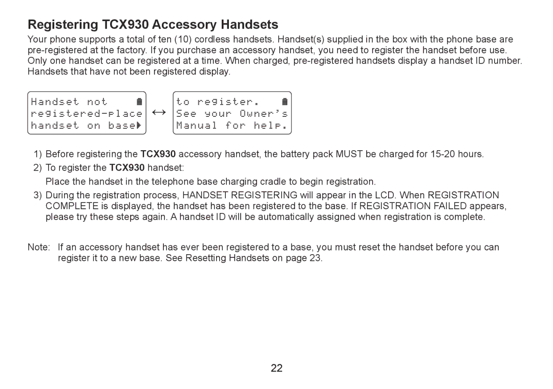 Uniden TRU9380-3 manual Registering TCX930 Accessory Handsets 