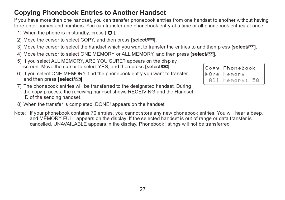 Uniden TRU9380-3 manual Copying Phonebook Entries to Another Handset 