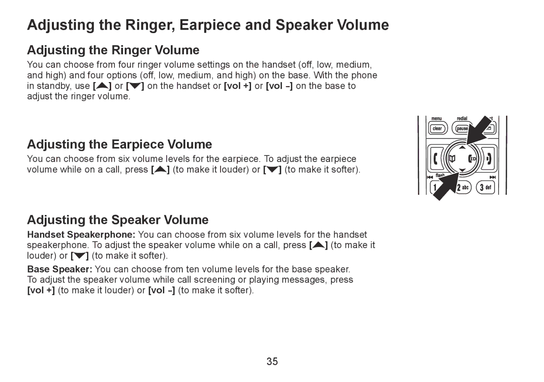 Uniden TRU9380-3 manual Adjusting the Ringer, Earpiece and Speaker Volume, Adjusting the Ringer Volume 