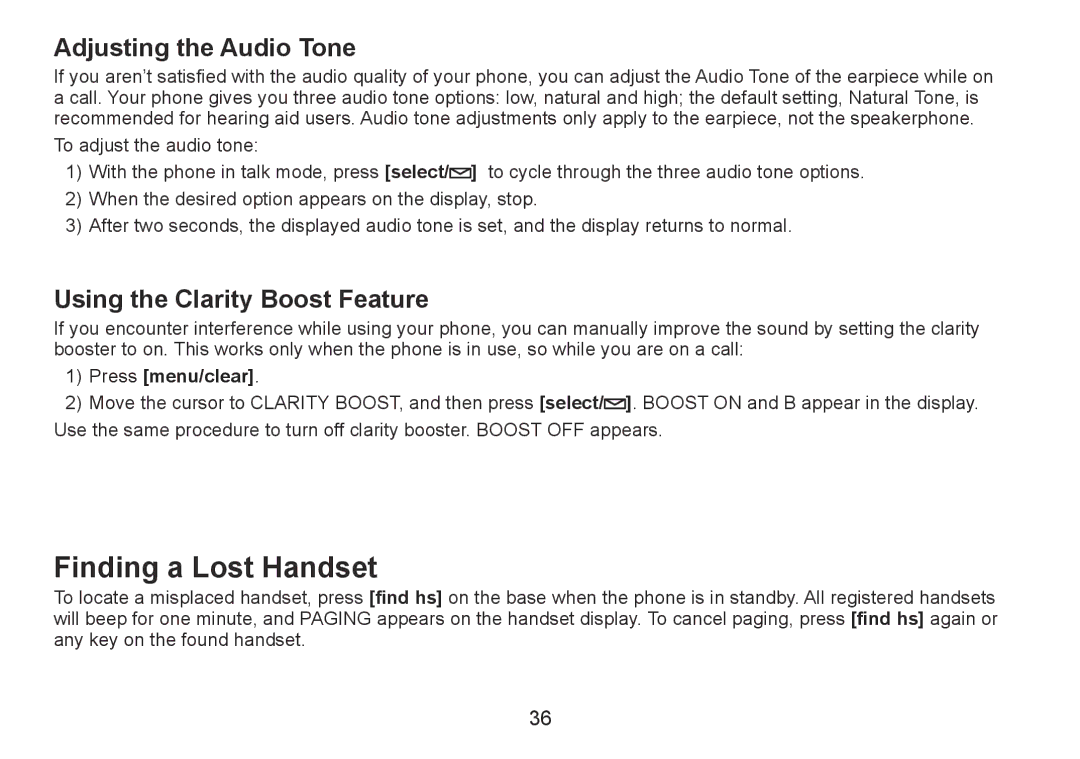 Uniden TRU9380-3 manual Finding a Lost Handset, Adjusting the Audio Tone, Using the Clarity Boost Feature 