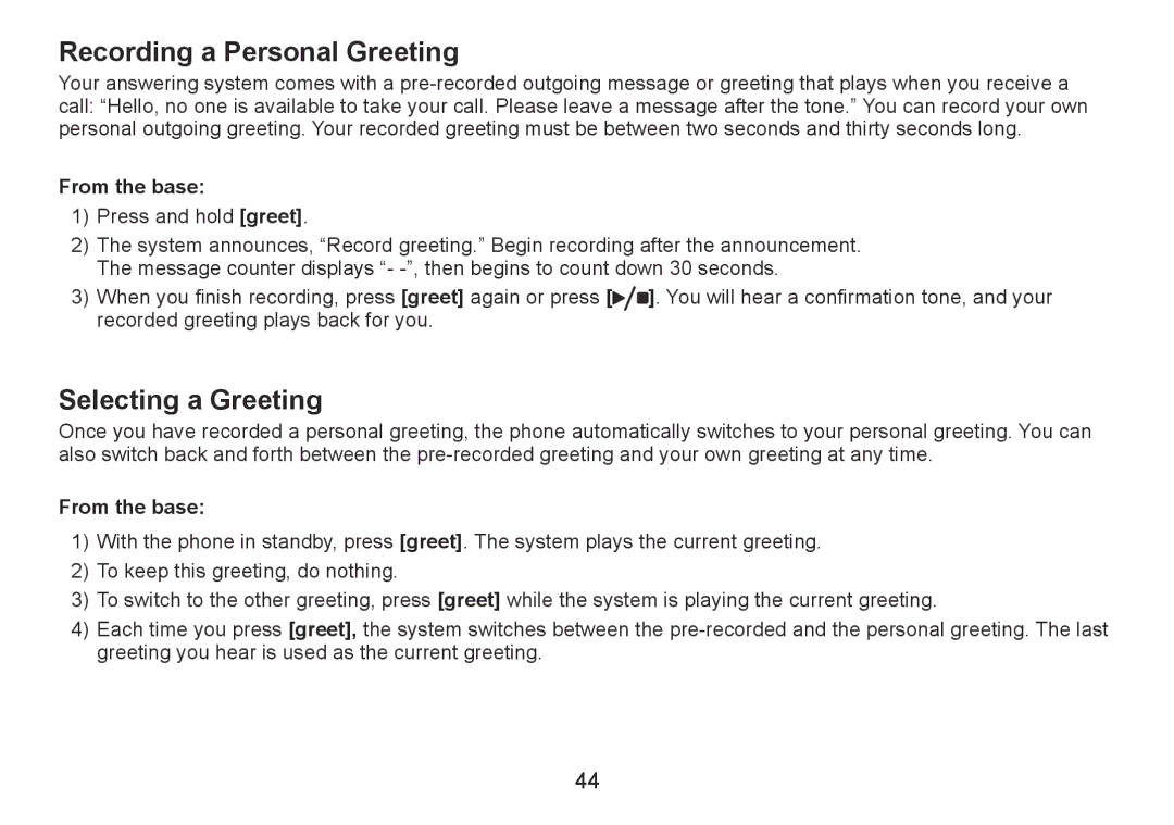 Uniden TRU9380-3 manual Recording a Personal Greeting, Selecting a Greeting, From the base 
