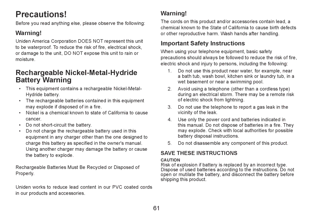 Uniden TRU9380-3 manual Precautions, Rechargeable Nickel-Metal-Hydride Battery Warning, Important Safety Instructions 