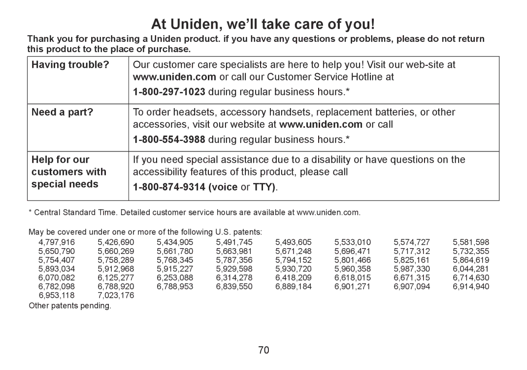 Uniden TRU9380-3 manual At Uniden, we’ll take care of you 