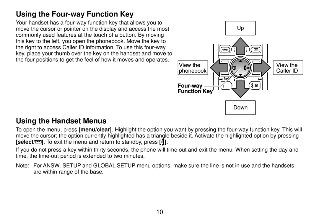 Uniden TRU9385 owner manual Using the Four-way Function Key, Using the Handset Menus 