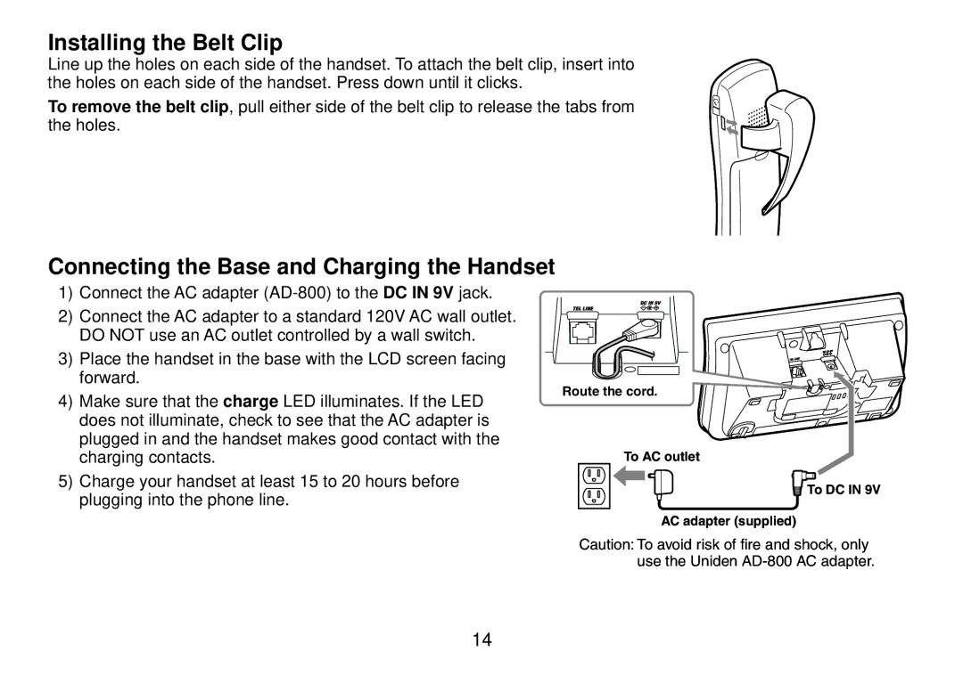 Uniden TRU9385 owner manual Installing the Belt Clip, Connecting the Base and Charging the Handset 