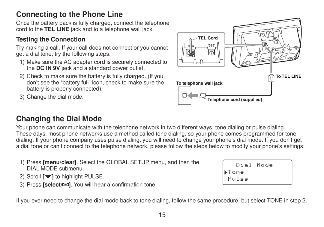 Uniden TRU9385 owner manual Connecting to the Phone Line, Changing the Dial Mode, Testing the Connection 