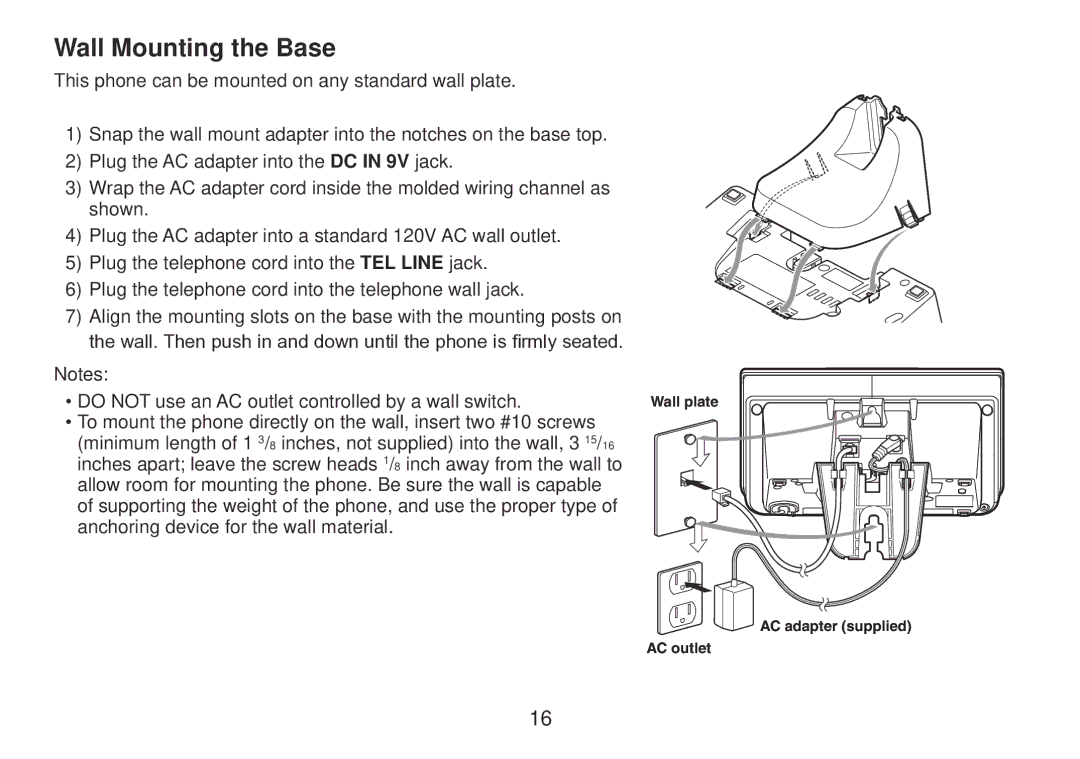 Uniden TRU9385 owner manual Wall Mounting the Base 