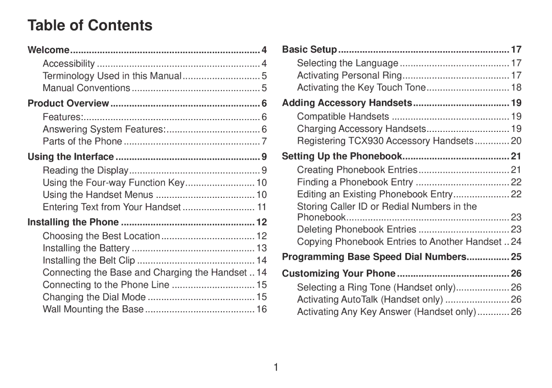 Uniden TRU9385 owner manual Table of Contents 