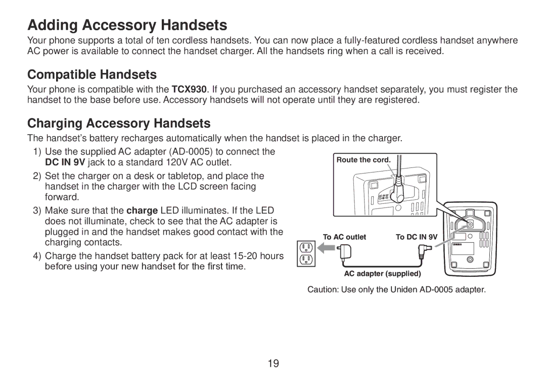 Uniden TRU9385 owner manual Adding Accessory Handsets, Compatible Handsets, Charging Accessory Handsets 