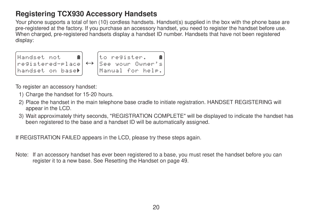 Uniden TRU9385 owner manual Registering TCX930 Accessory Handsets 