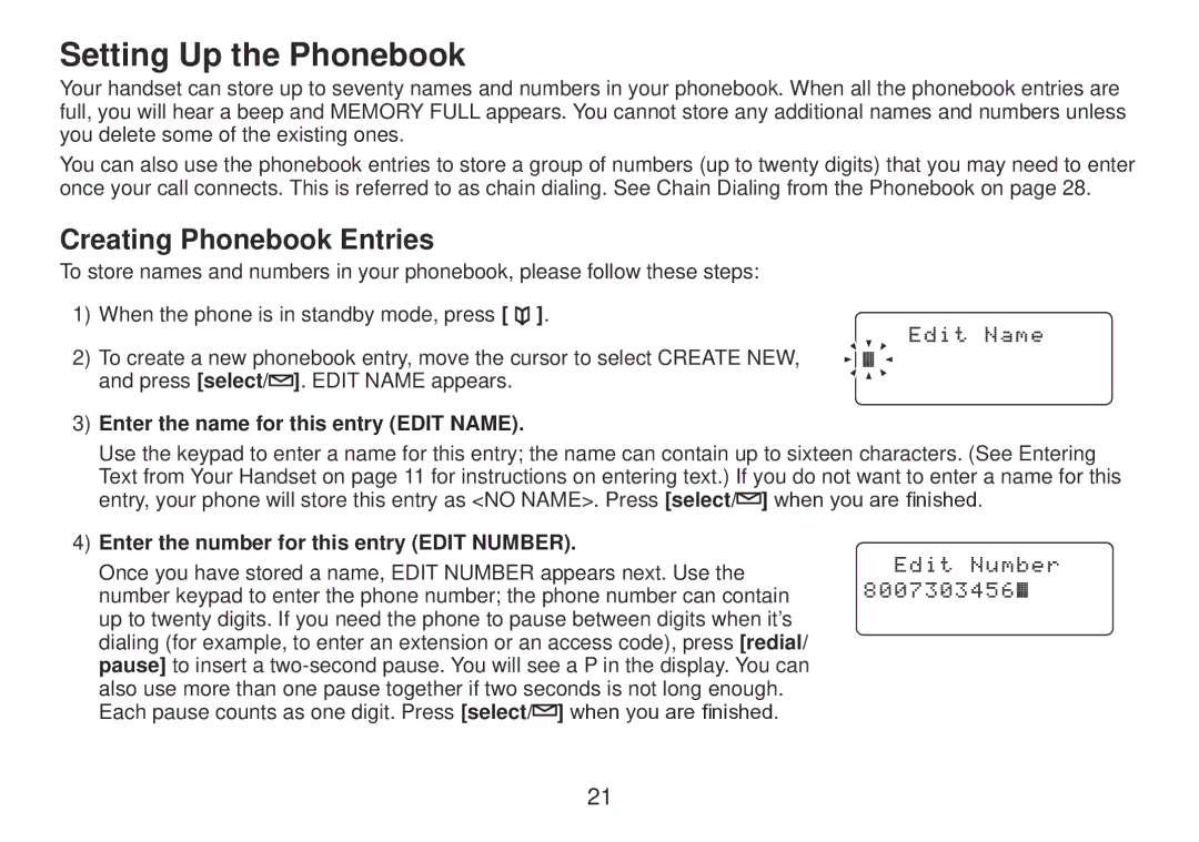 Uniden TRU9385 owner manual Setting Up the Phonebook, Creating Phonebook Entries, Enter the name for this entry Edit Name 