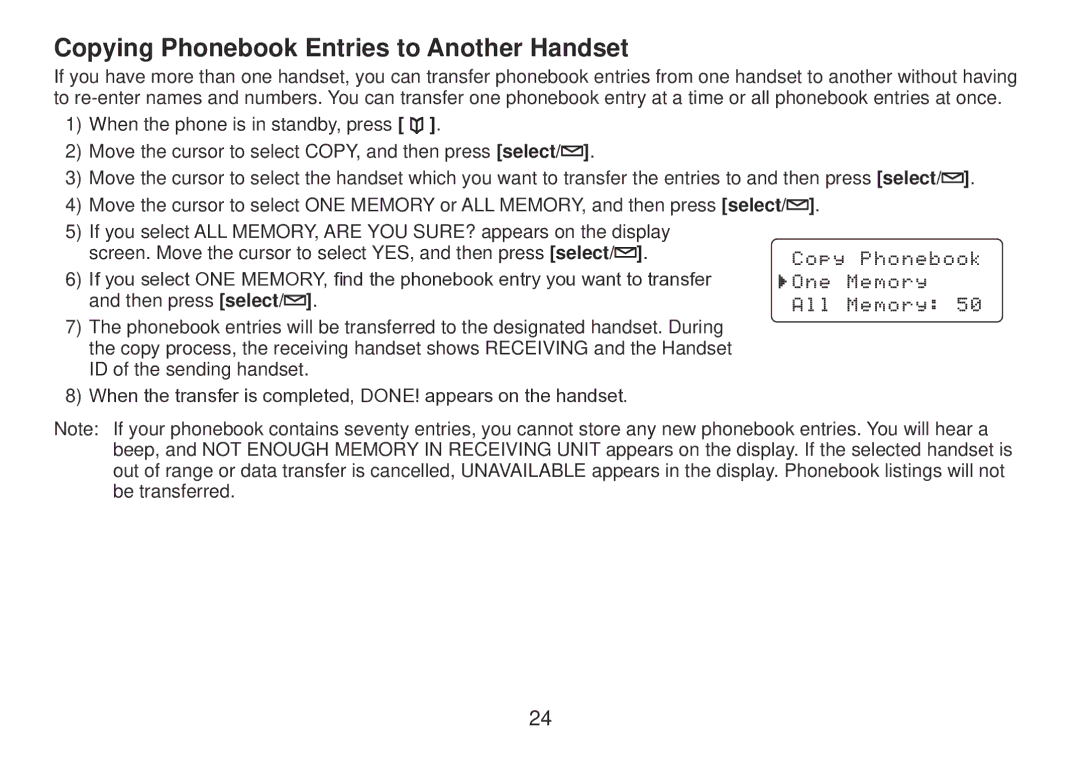 Uniden TRU9385 owner manual Copying Phonebook Entries to Another Handset 