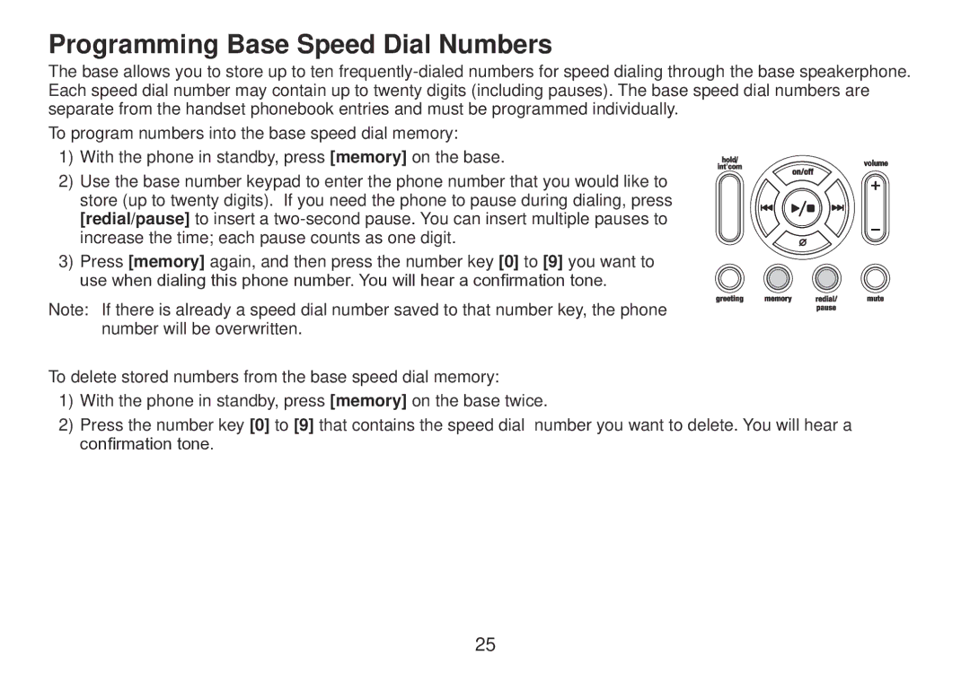 Uniden TRU9385 owner manual Programming Base Speed Dial Numbers 