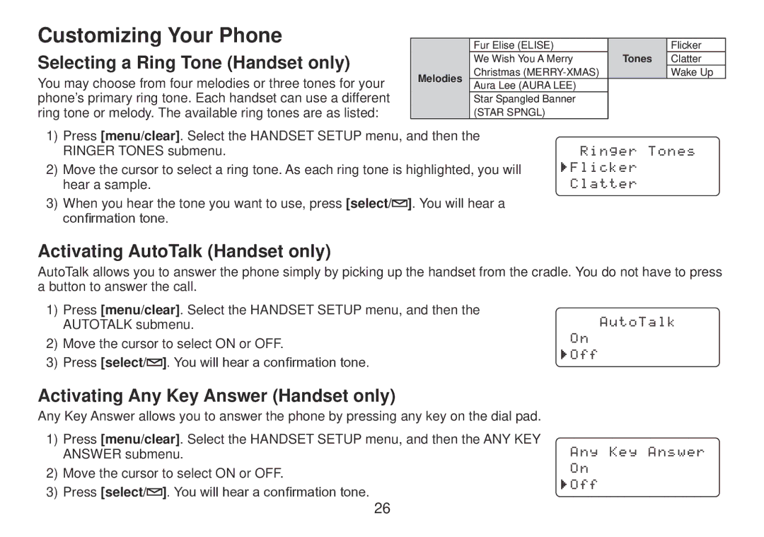 Uniden TRU9385 owner manual Customizing Your Phone, Selecting a Ring Tone Handset only, Activating AutoTalk Handset only 