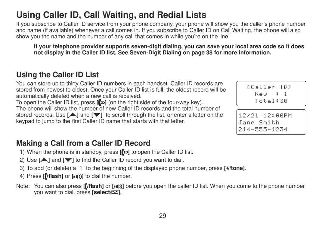 Uniden TRU9385 owner manual Using Caller ID, Call Waiting, and Redial Lists, Using the Caller ID List 