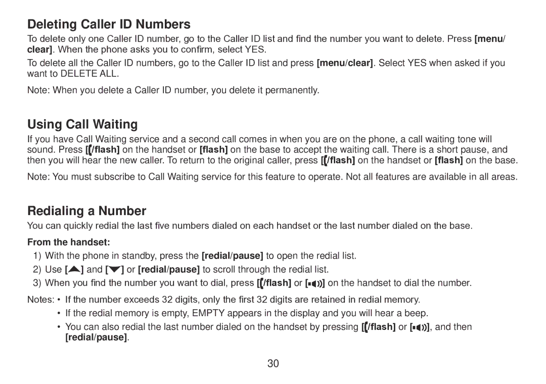 Uniden TRU9385 owner manual Deleting Caller ID Numbers, Using Call Waiting, Redialing a Number, From the handset 