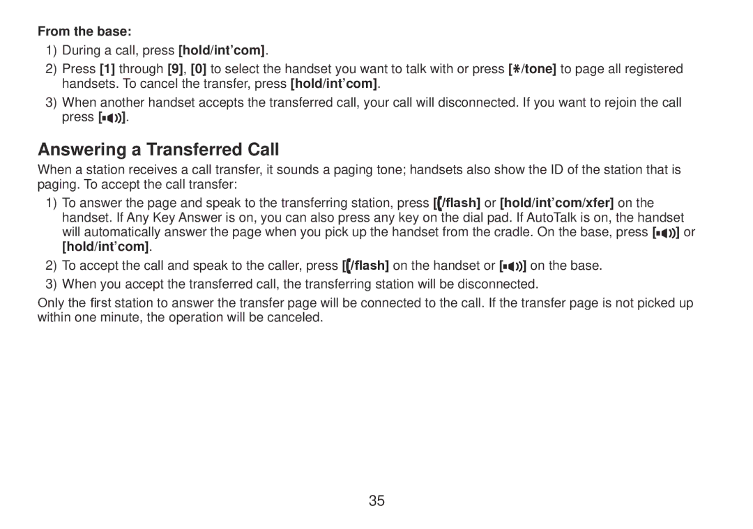 Uniden TRU9385 owner manual Answering a Transferred Call, From the base 