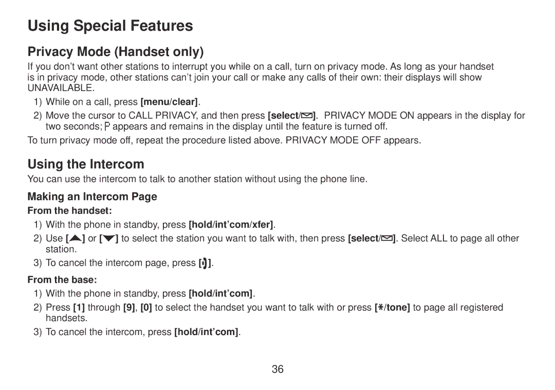 Uniden TRU9385 owner manual Using Special Features, Privacy Mode Handset only, Using the Intercom, Making an Intercom 