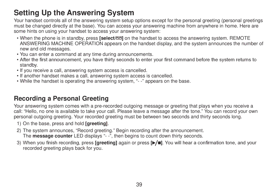 Uniden TRU9385 owner manual Setting Up the Answering System, Recording a Personal Greeting 