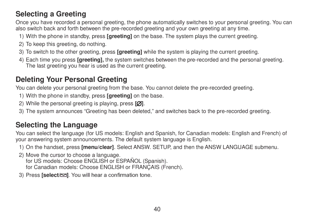 Uniden TRU9385 owner manual Selecting a Greeting, Deleting Your Personal Greeting 