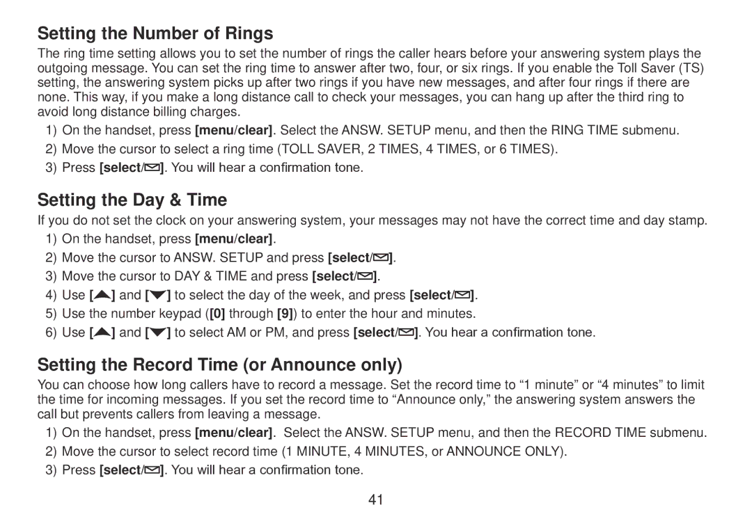 Uniden TRU9385 owner manual Setting the Number of Rings, Setting the Day & Time, Setting the Record Time or Announce only 