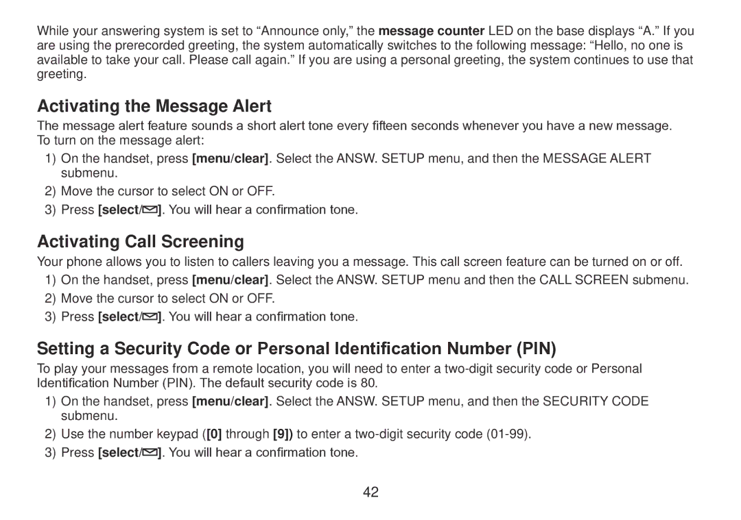 Uniden TRU9385 owner manual Activating the Message Alert, Activating Call Screening 