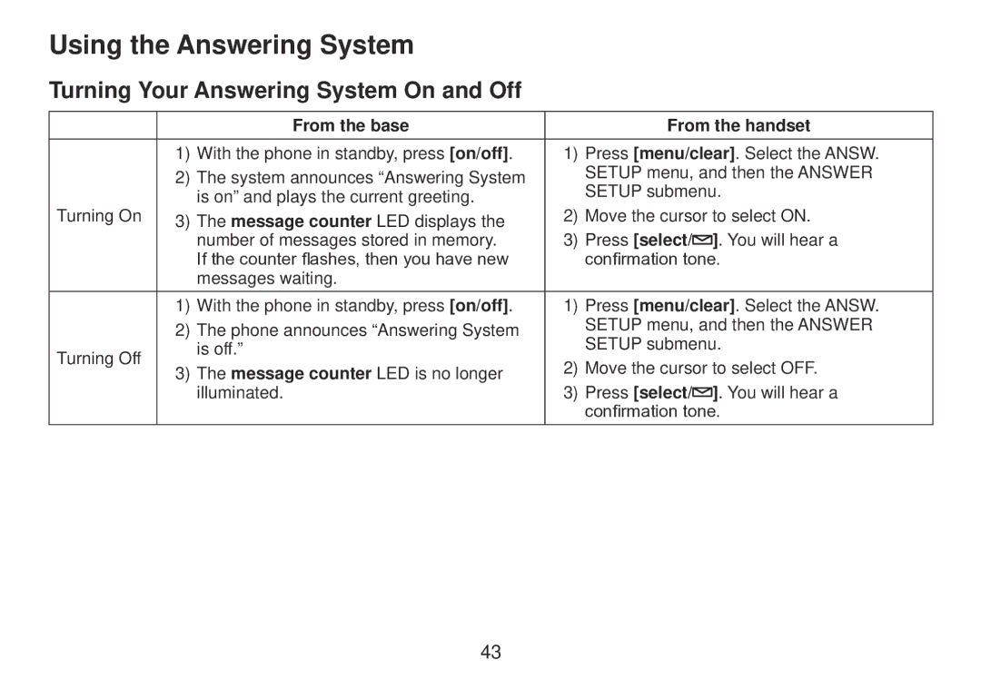 Uniden TRU9385 Using the Answering System, Turning Your Answering System On and Off, From the base From the handset 