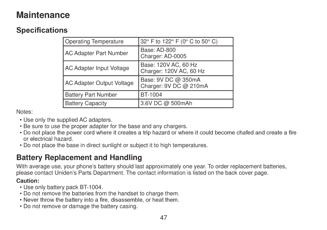 Uniden TRU9385 owner manual Maintenance, Specifications, Battery Replacement and Handling 