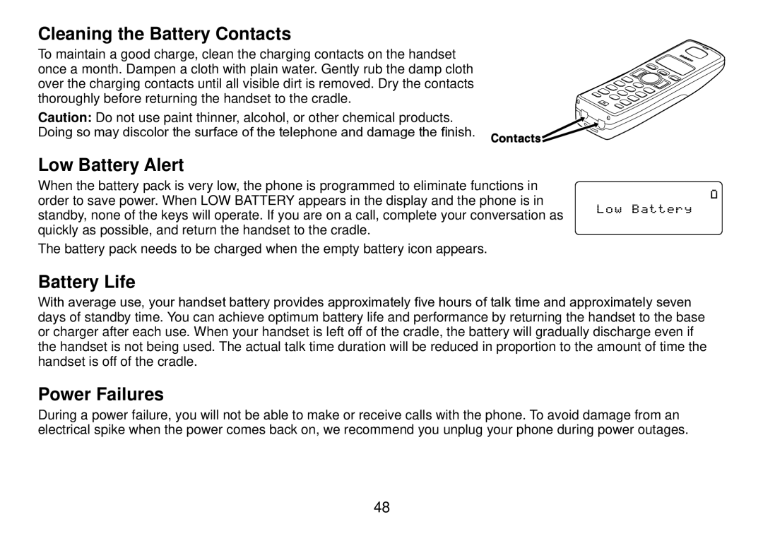 Uniden TRU9385 owner manual Cleaning the Battery Contacts, Low Battery Alert, Battery Life, Power Failures 