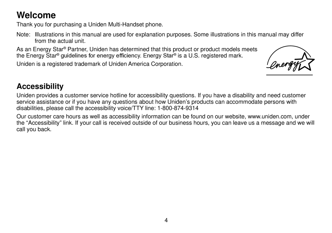 Uniden TRU9385 owner manual Welcome, Accessibility 