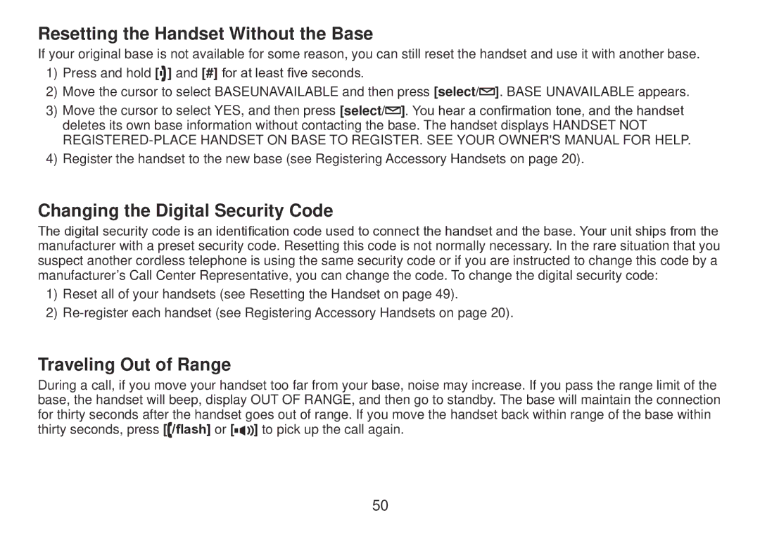 Uniden TRU9385 Resetting the Handset Without the Base, Changing the Digital Security Code, Traveling Out of Range 