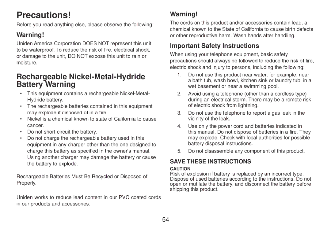 Uniden TRU9385 owner manual Precautions, Rechargeable Nickel-Metal-Hydride Battery Warning, Important Safety Instructions 