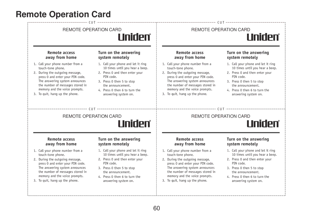 Uniden TRU9385 owner manual Remote Operation Card, Remote access Away from home 