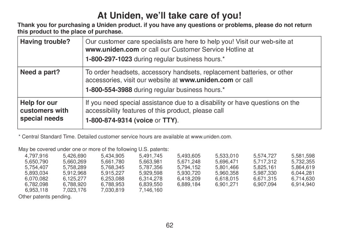 Uniden TRU9385 owner manual At Uniden, we’ll take care of you 