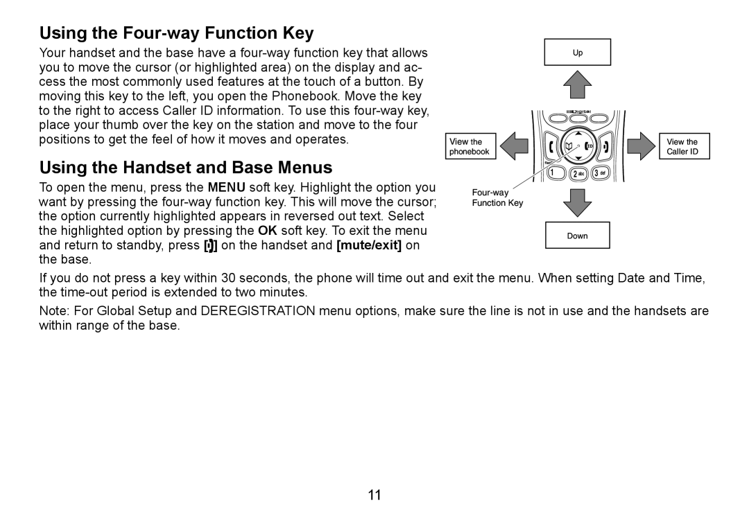 Uniden TRU9465 manual Using the Four-way Function Key, Using the Handset and Base Menus 