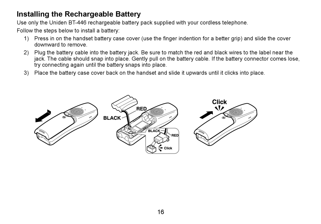 Uniden TRU9465 manual Installing the Rechargeable Battery 