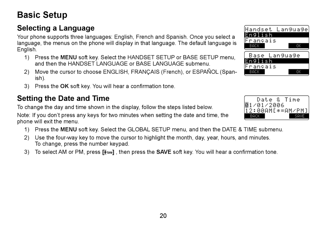 Uniden TRU9465 manual Basic Setup, Selecting a Language, Setting the Date and Time 