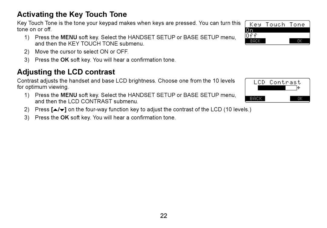 Uniden TRU9465 manual Activating the Key Touch Tone, Adjusting the LCD contrast 