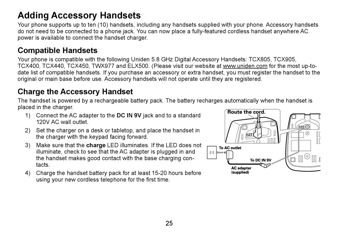 Uniden TRU9465 manual Adding Accessory Handsets, Compatible Handsets Charge the Accessory Handset 