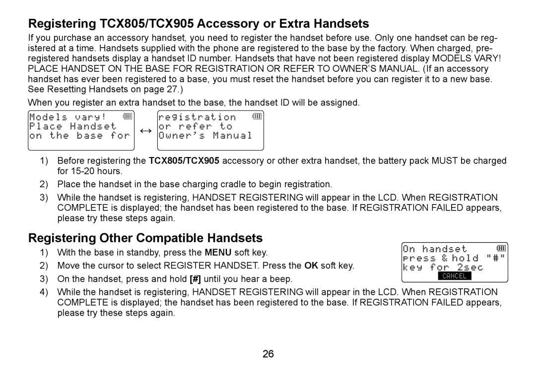 Uniden TRU9465 manual Registering TCX805/TCX905 Accessory or Extra Handsets, Registering Other Compatible Handsets 