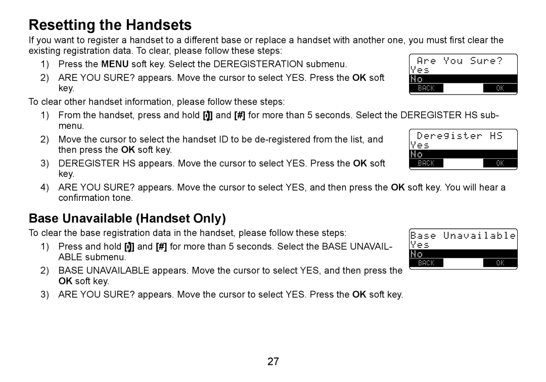 Uniden TRU9465 manual Resetting the Handsets, Base Unavailable Handset Only 