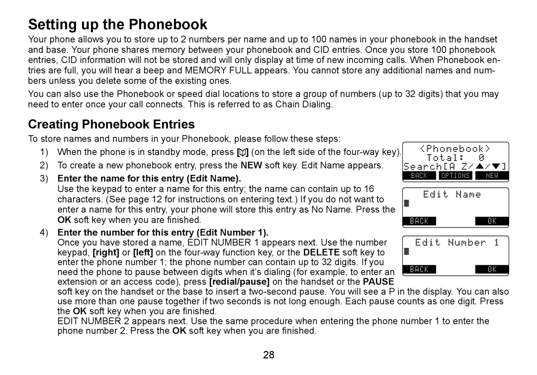 Uniden TRU9465 manual Setting up the Phonebook, Creating Phonebook Entries, Enter the name for this entry Edit Name 