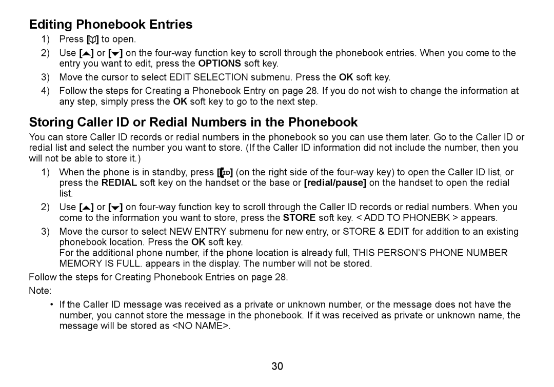 Uniden TRU9465 manual Editing Phonebook Entries, Storing Caller ID or Redial Numbers in the Phonebook 