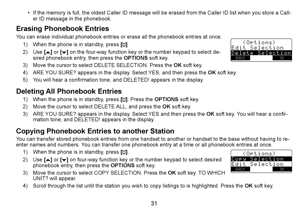 Uniden TRU9465 Erasing Phonebook Entries, Deleting All Phonebook Entries, Copying Phonebook Entries to another Station 