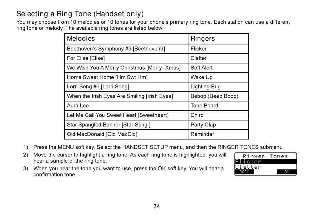 Uniden TRU9465 manual Selecting a Ring Tone Handset only, Melodies Ringers 