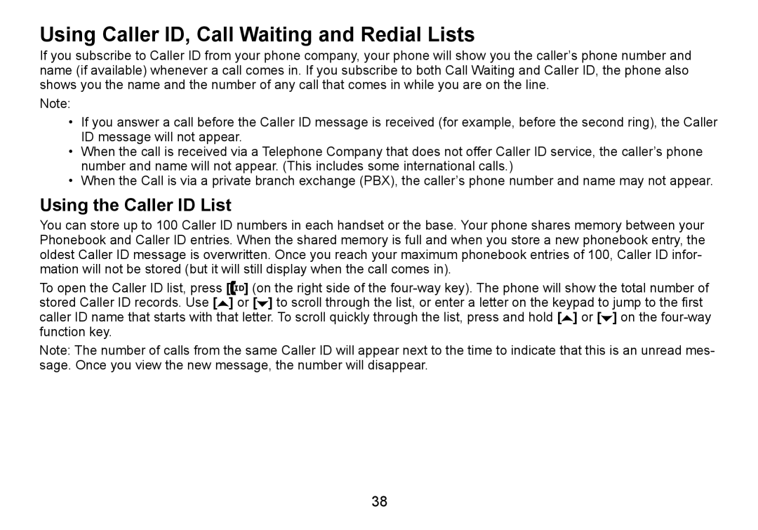 Uniden TRU9465 manual Using Caller ID, Call Waiting and Redial Lists, Using the Caller ID List 